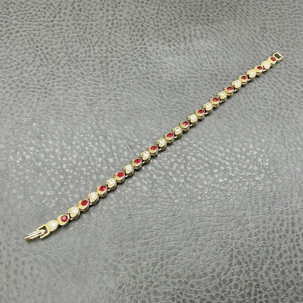 Bracelet Gold Tone Red Clear Stone Heart Tennis Box Clasp Womens 7.3 In Jewelry